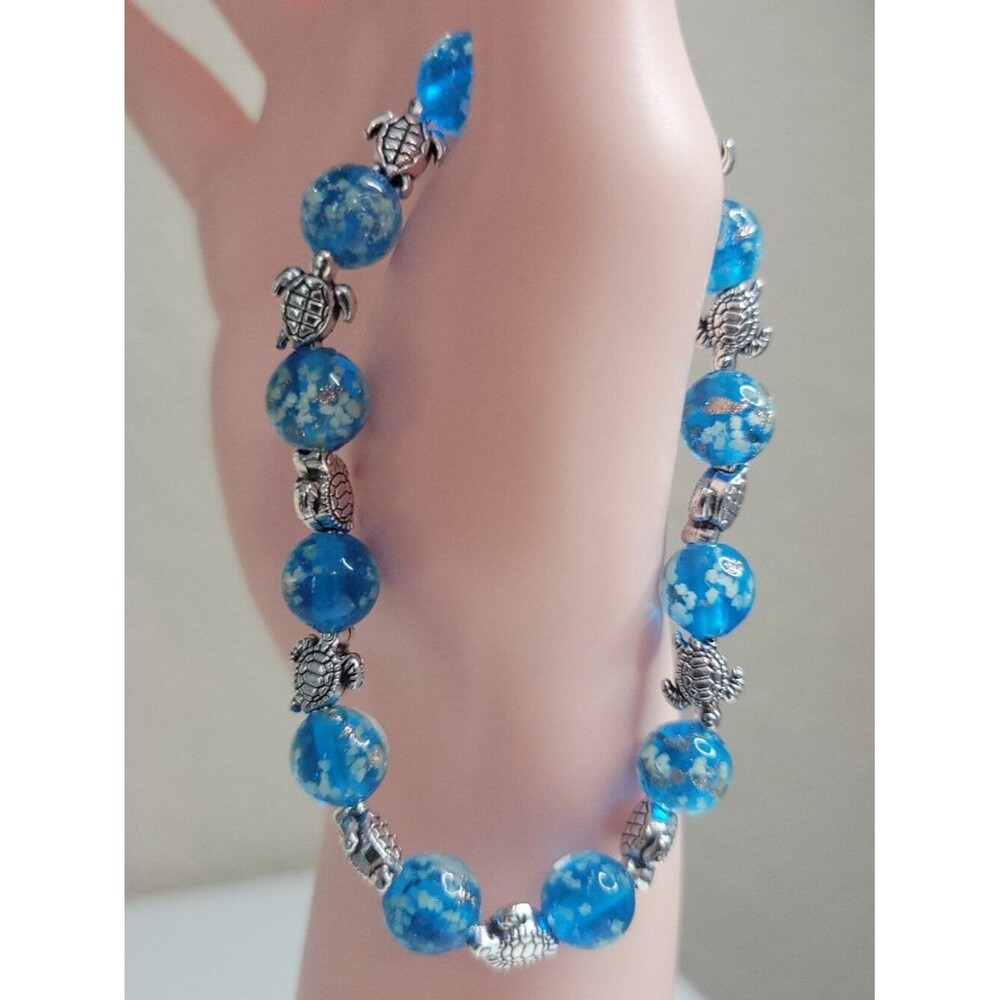 NWT Artisan Glow In The Dark Glass Deep Blue Sea Turtles Stretch Bracelet Custom
